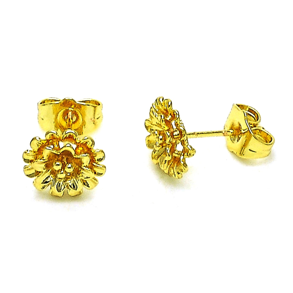 Oro Laminado Stud Earring, Gold Filled Style Flower Design, Polished, Golden Finish