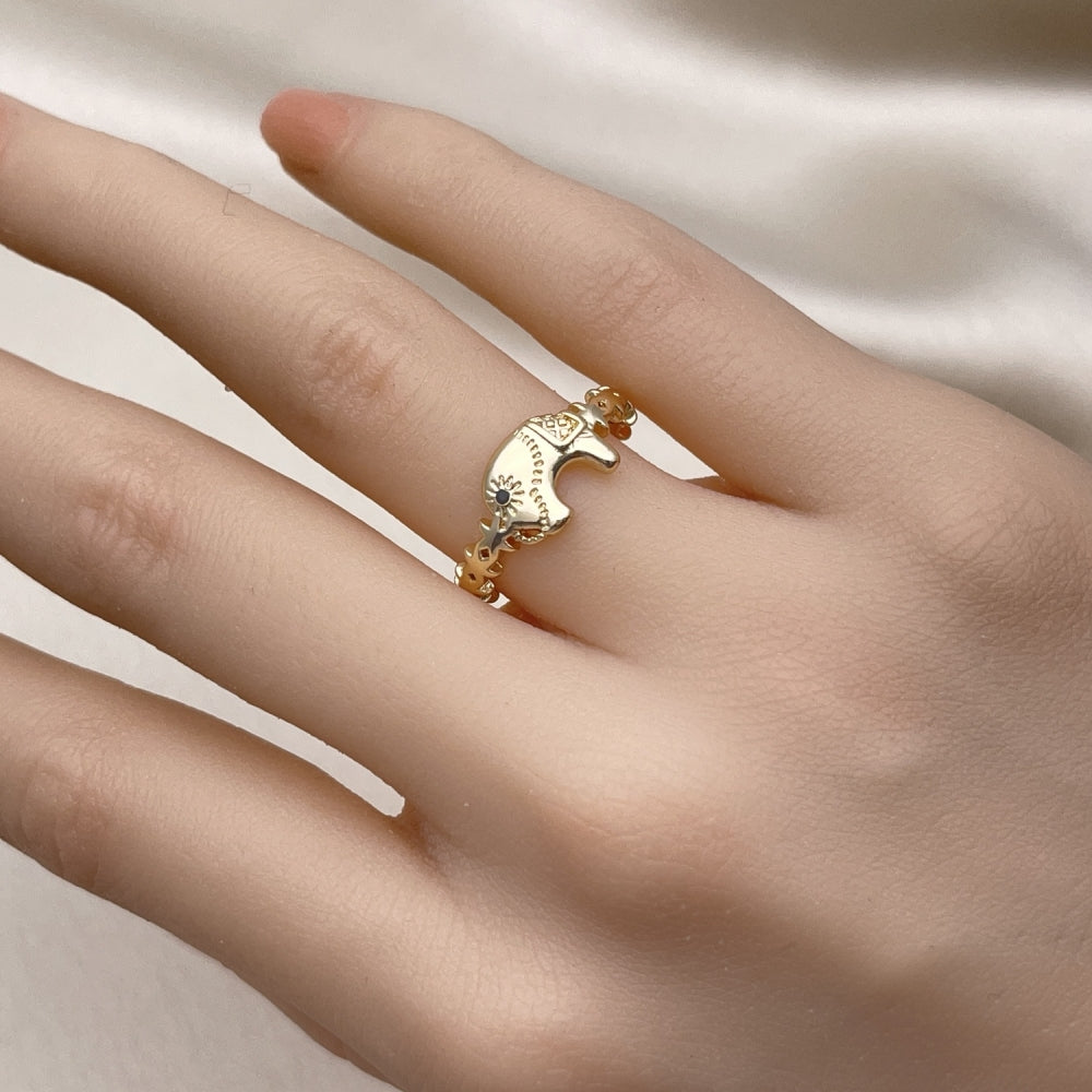 Oro Laminado Multi Stone Ring, Gold Filled Style Elephant Design, with Black Micro Pave, Polished, Golden Finish