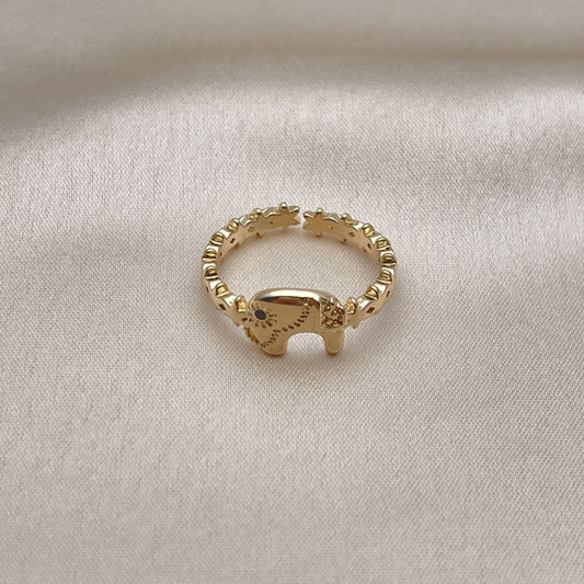 Oro Laminado Multi Stone Ring, Gold Filled Style Elephant Design, with Black Micro Pave, Polished, Golden Finish