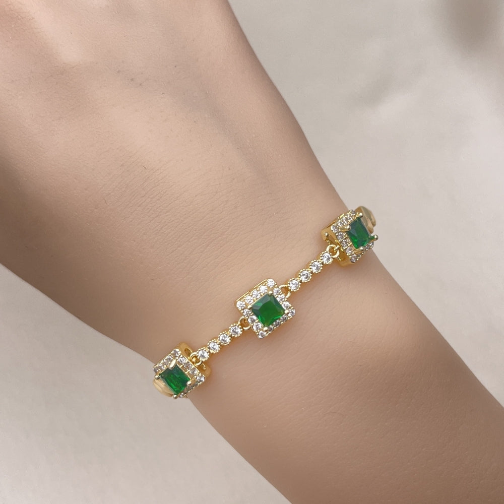 Oro Laminado Fancy Bracelet, Gold Filled Style with Green and White Cubic Zirconia, Polished, Golden Finish