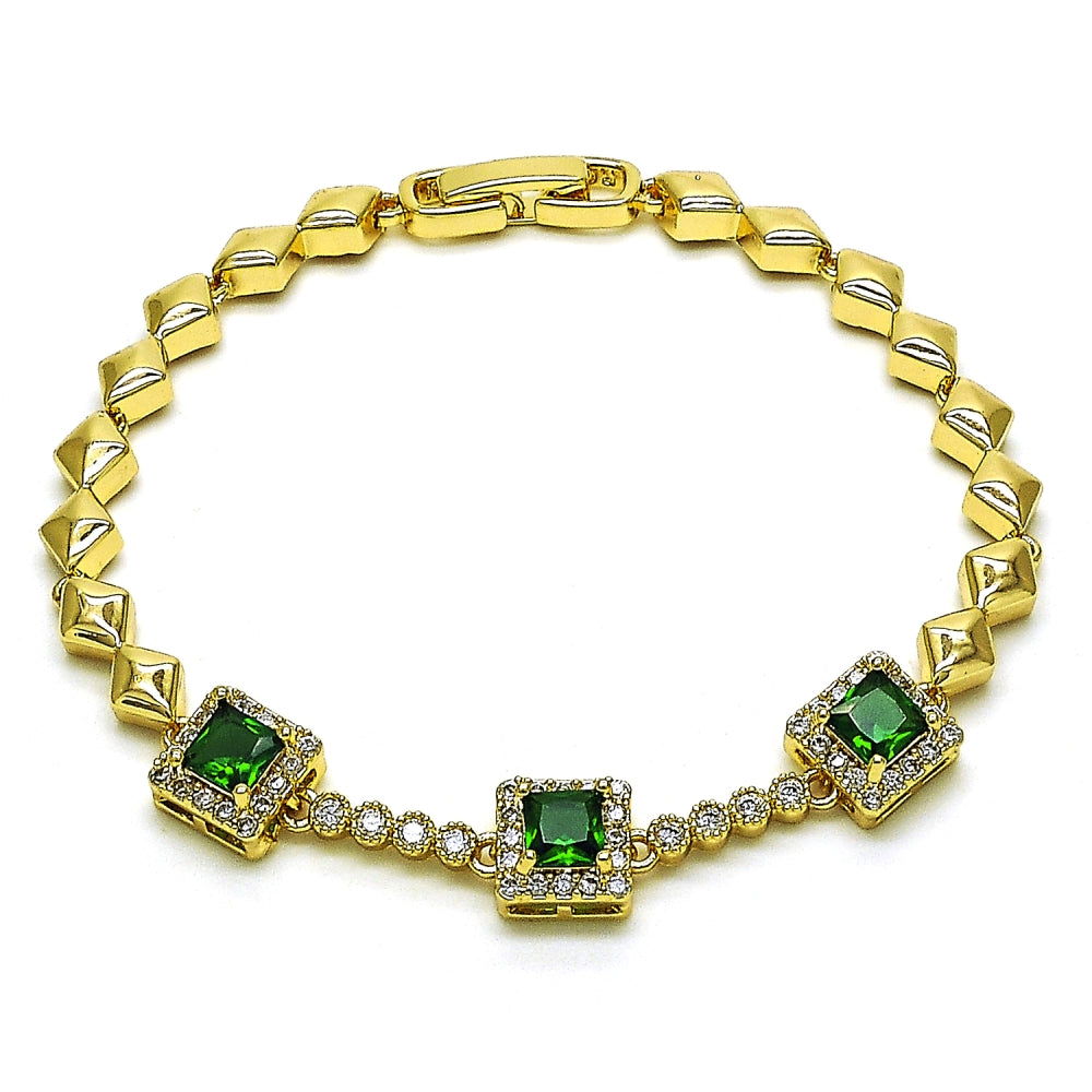Oro Laminado Fancy Bracelet, Gold Filled Style with Green and White Cubic Zirconia, Polished, Golden Finish