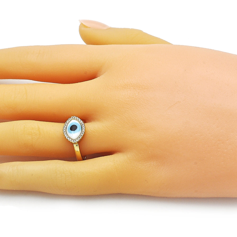 Oro Laminado Multi Stone Ring, Gold Filled Style Evil Eye Design, with White Crystal and White Micro Pave, Polished, Golden Finish