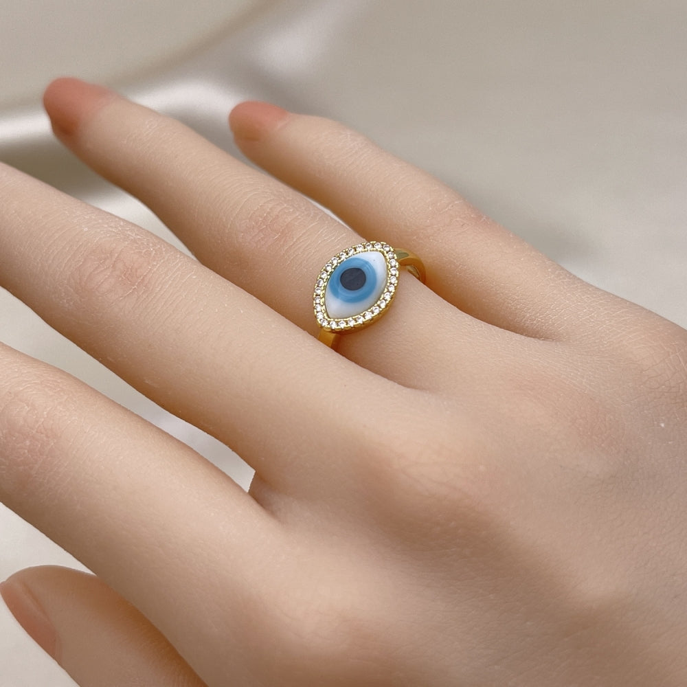 Oro Laminado Multi Stone Ring, Gold Filled Style Evil Eye Design, with White Crystal and White Micro Pave, Polished, Golden Finish