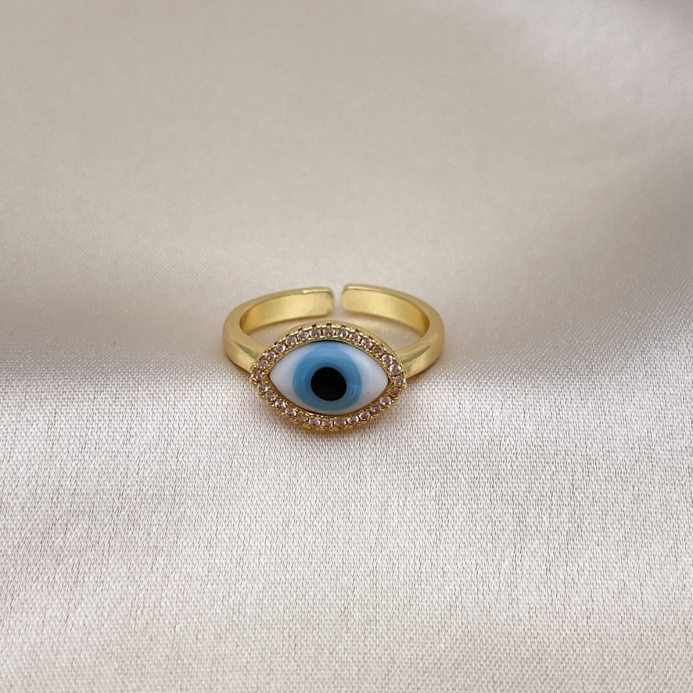 Oro Laminado Multi Stone Ring, Gold Filled Style Evil Eye Design, with White Crystal and White Micro Pave, Polished, Golden Finish