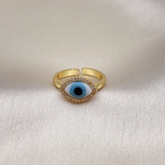 Oro Laminado Multi Stone Ring, Gold Filled Style Evil Eye Design, with White Crystal and White Micro Pave, Polished, Golden Finish