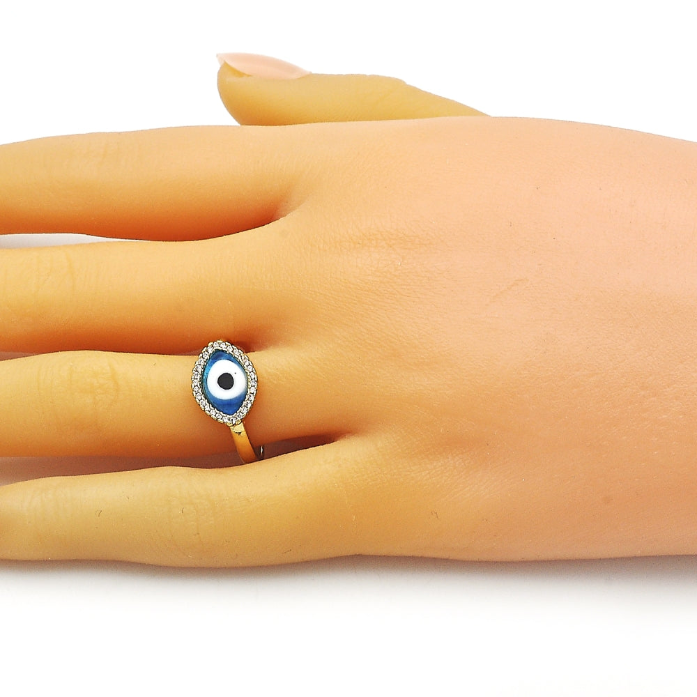 Oro Laminado Multi Stone Ring, Gold Filled Style Evil Eye Design, with Light Sapphire Crystal and White Micro Pave, Polished, Golden Finish