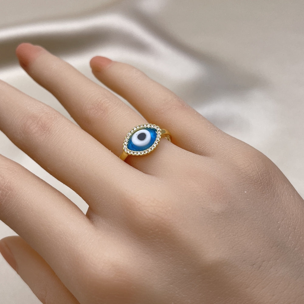 Oro Laminado Multi Stone Ring, Gold Filled Style Evil Eye Design, with Light Sapphire Crystal and White Micro Pave, Polished, Golden Finish