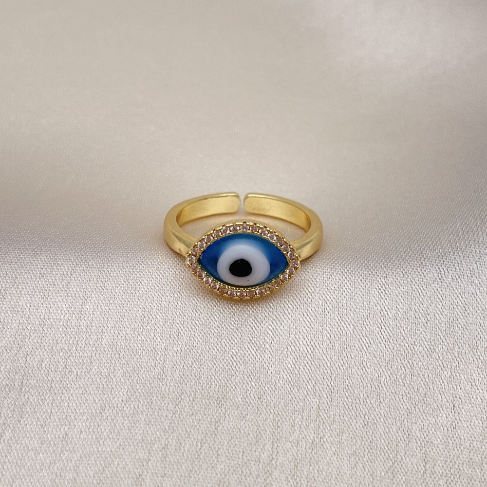 Oro Laminado Multi Stone Ring, Gold Filled Style Evil Eye Design, with Light Sapphire Crystal and White Micro Pave, Polished, Golden Finish