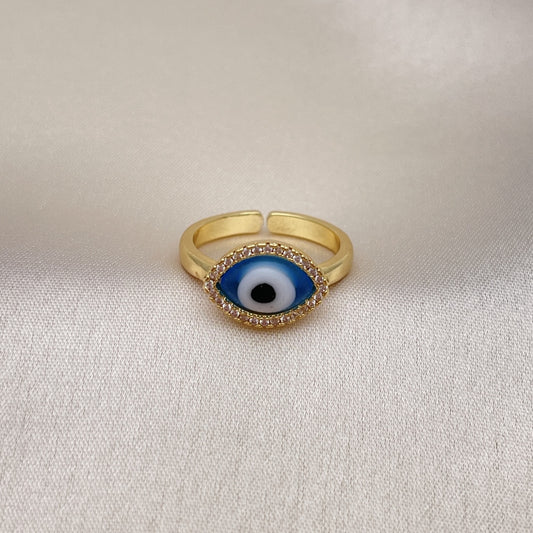 Oro Laminado Multi Stone Ring, Gold Filled Style Evil Eye Design, with Light Sapphire Crystal and White Micro Pave, Polished, Golden Finish