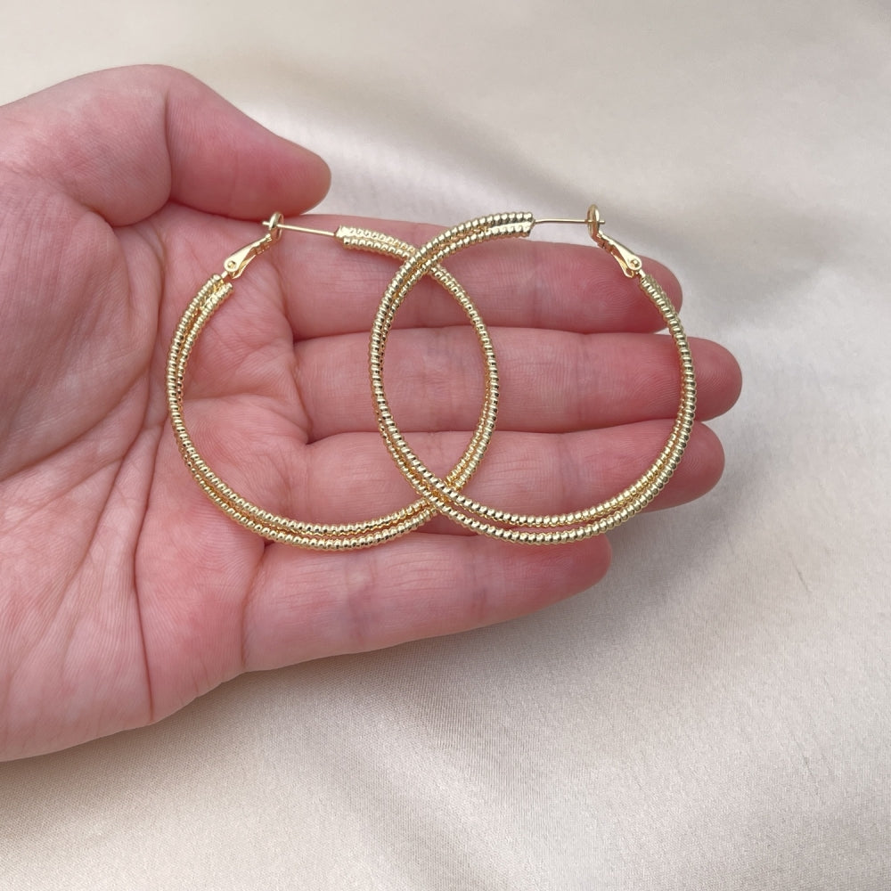 Oro Laminado Large Hoop, Gold Filled Style Twist Design, Diamond Cutting Finish, Golden Finish