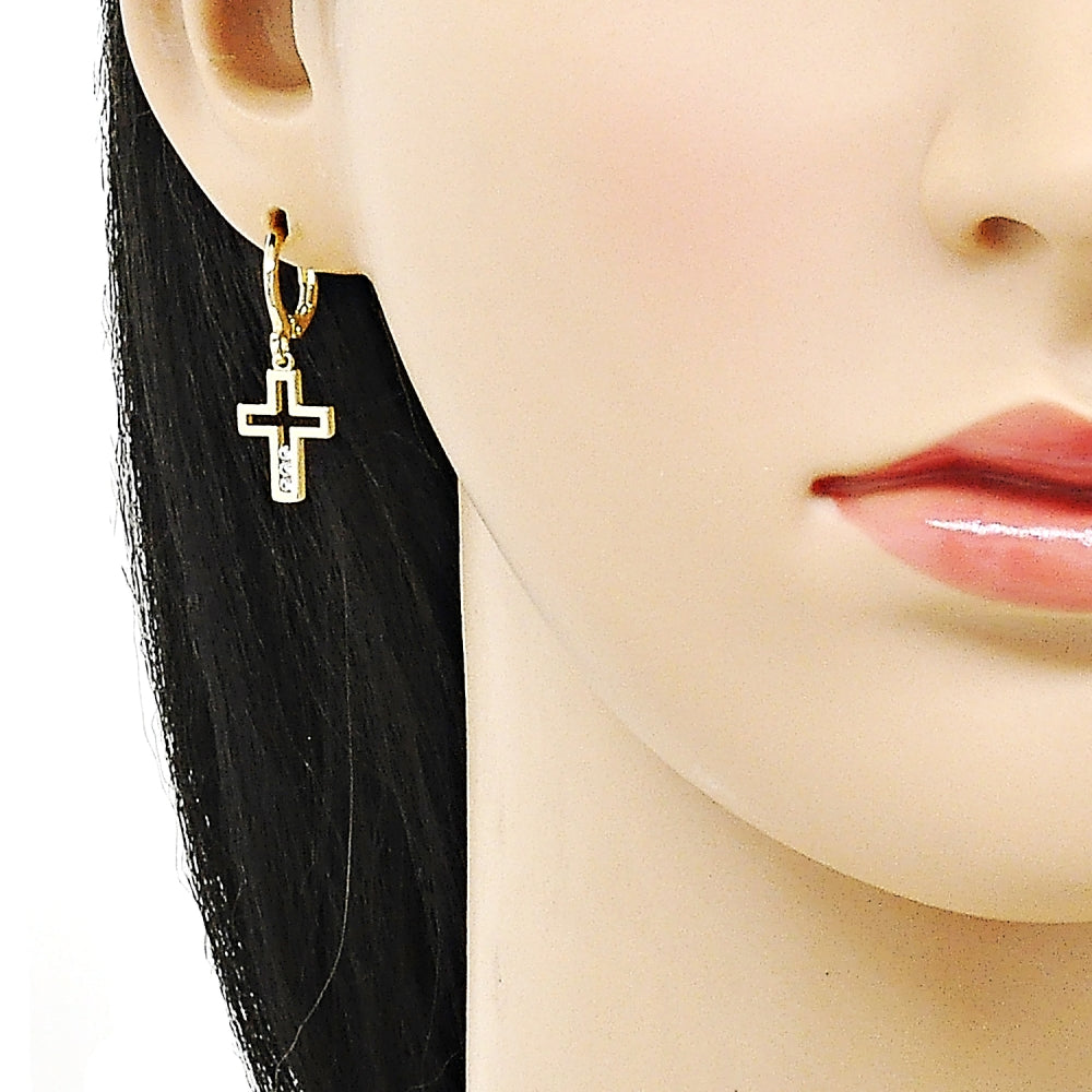 Oro Laminado Dangle Earring, Gold Filled Style Cross Design, with White Cubic Zirconia, Polished, Golden Finish