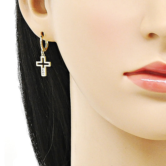 Oro Laminado Dangle Earring, Gold Filled Style Cross Design, with White Cubic Zirconia, Polished, Golden Finish