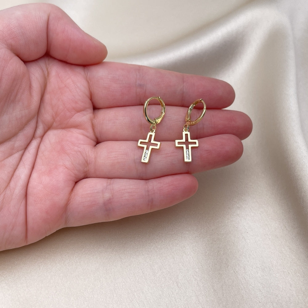Oro Laminado Dangle Earring, Gold Filled Style Cross Design, with White Cubic Zirconia, Polished, Golden Finish