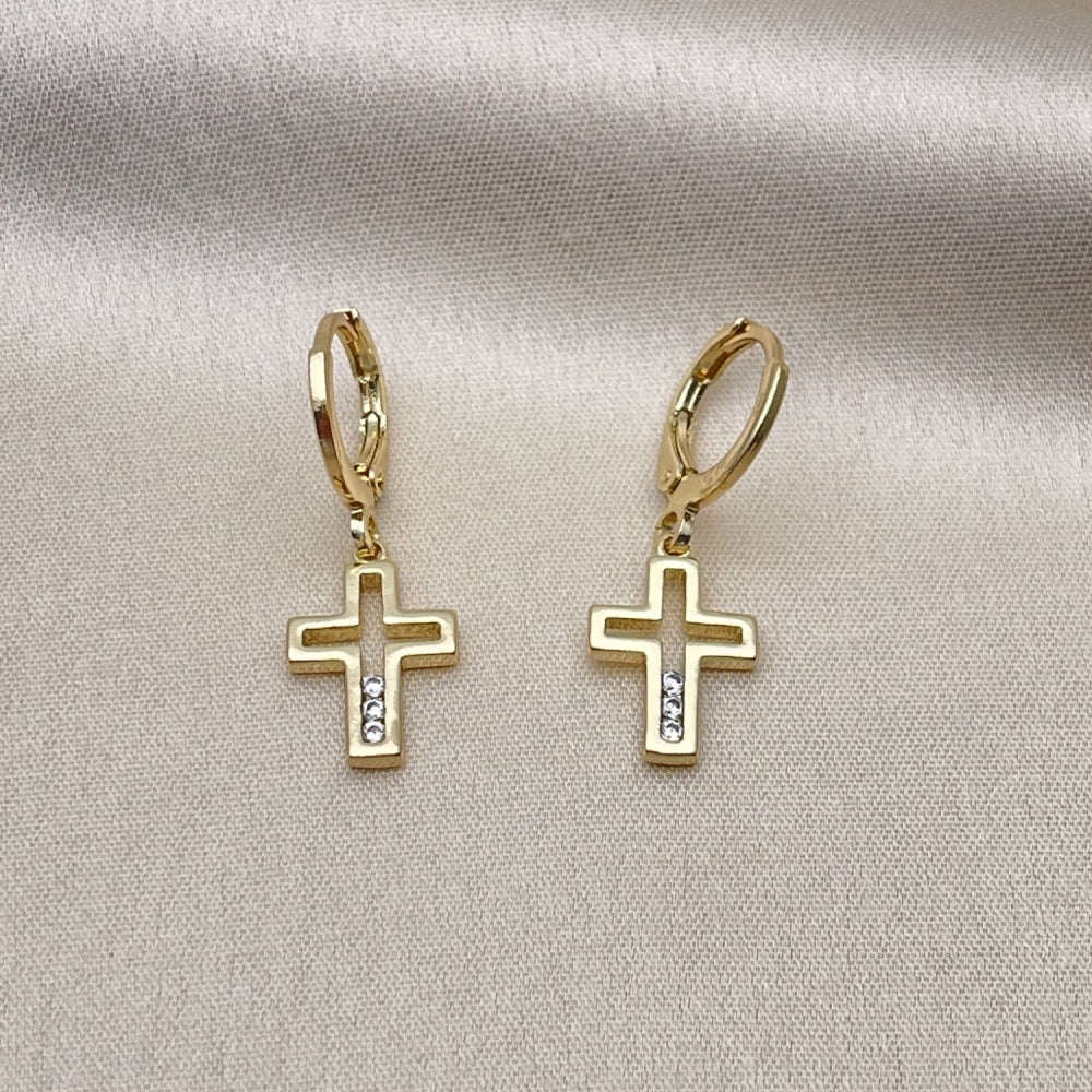 Oro Laminado Dangle Earring, Gold Filled Style Cross Design, with White Cubic Zirconia, Polished, Golden Finish