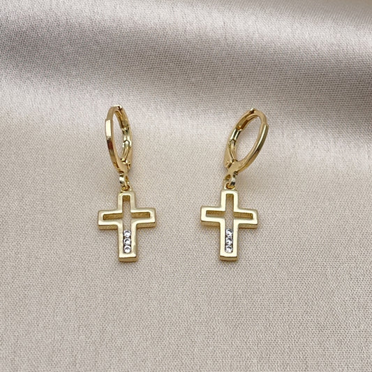 Oro Laminado Dangle Earring, Gold Filled Style Cross Design, with White Cubic Zirconia, Polished, Golden Finish