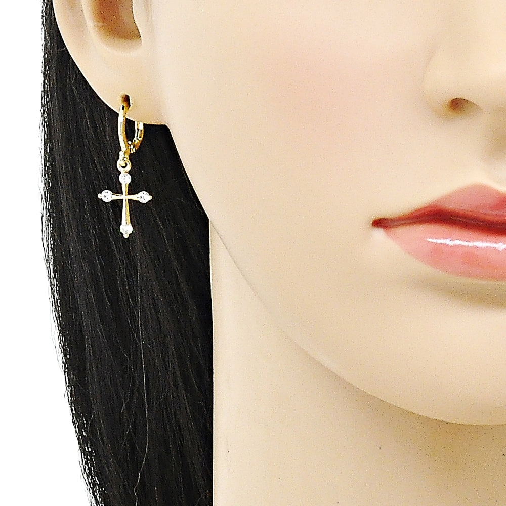 Oro Laminado Dangle Earring, Gold Filled Style Cross Design, with White Cubic Zirconia, Polished, Golden Finish
