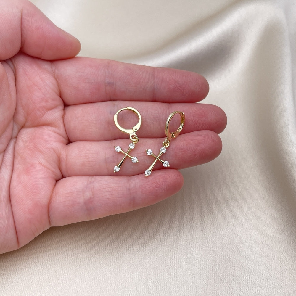 Oro Laminado Dangle Earring, Gold Filled Style Cross Design, with White Cubic Zirconia, Polished, Golden Finish