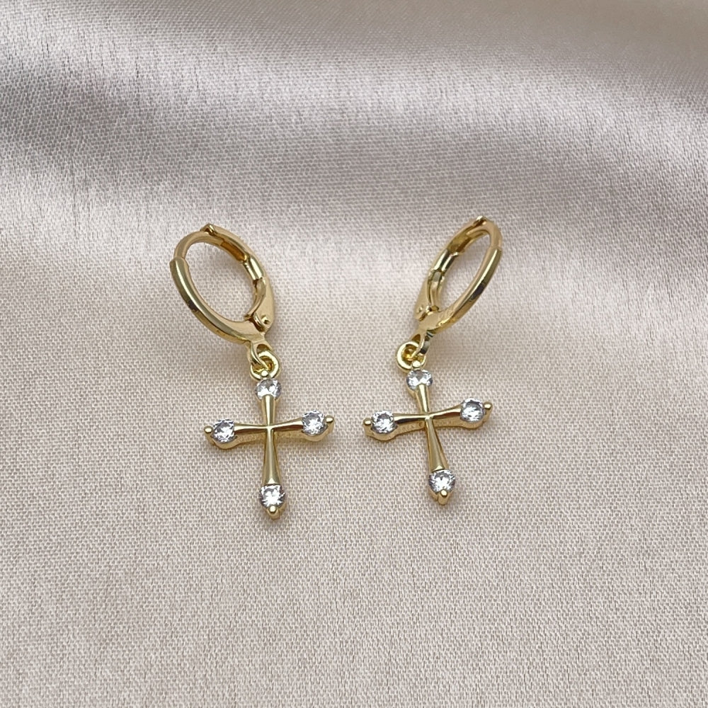 Oro Laminado Dangle Earring, Gold Filled Style Cross Design, with White Cubic Zirconia, Polished, Golden Finish