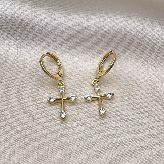 Oro Laminado Dangle Earring, Gold Filled Style Cross Design, with White Cubic Zirconia, Polished, Golden Finish