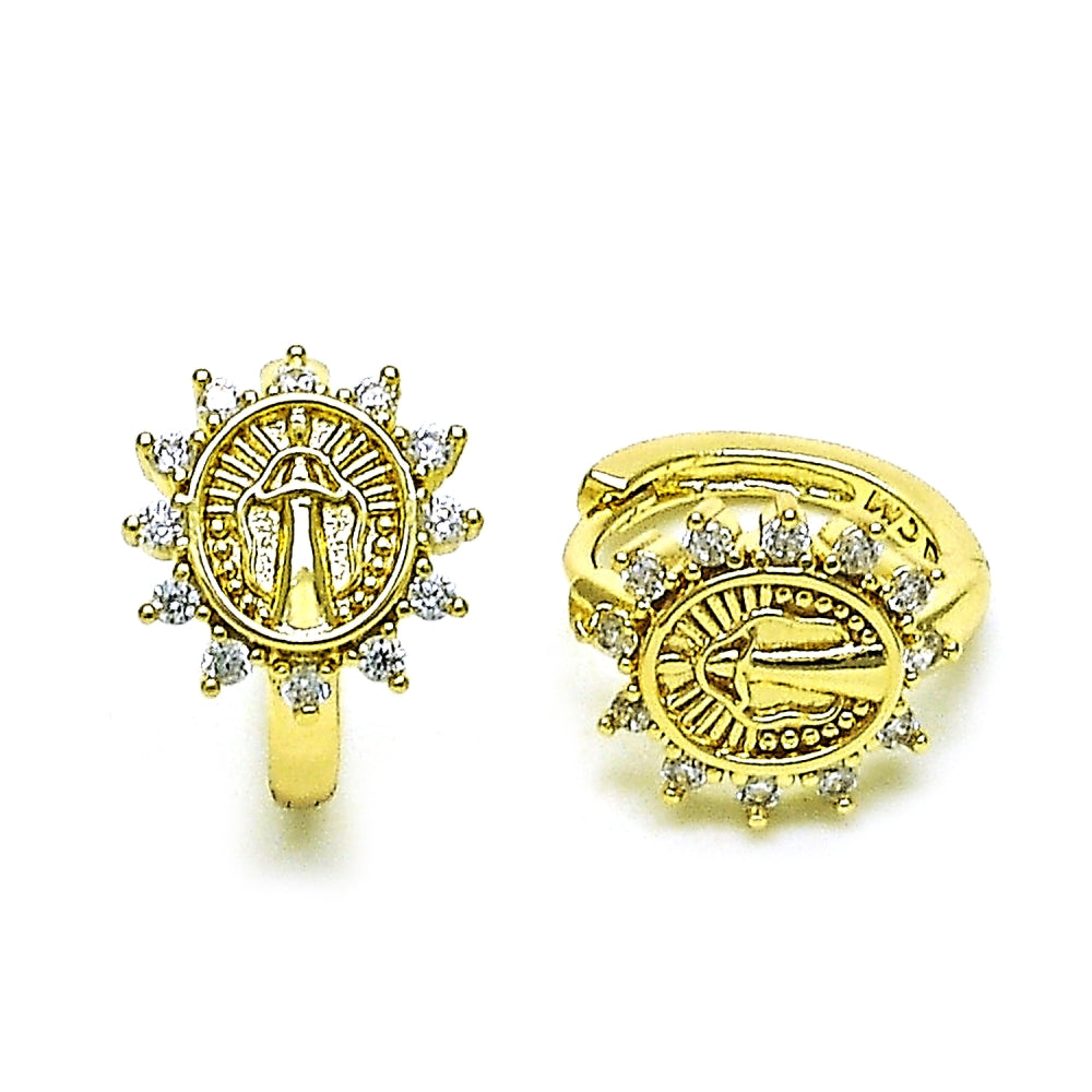 Oro Laminado Huggie Hoop, Gold Filled Style Virgen Maria Design, with White Cubic Zirconia, Polished, Golden Finish