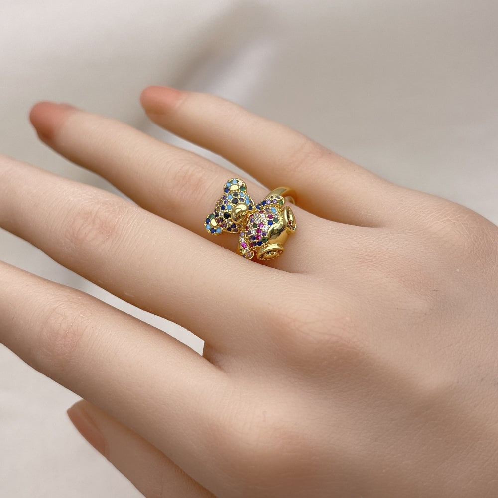 Oro Laminado Multi Stone Ring, Gold Filled Style Teddy Bear Design, with Multicolor Micro Pave, Polished, Golden Finish