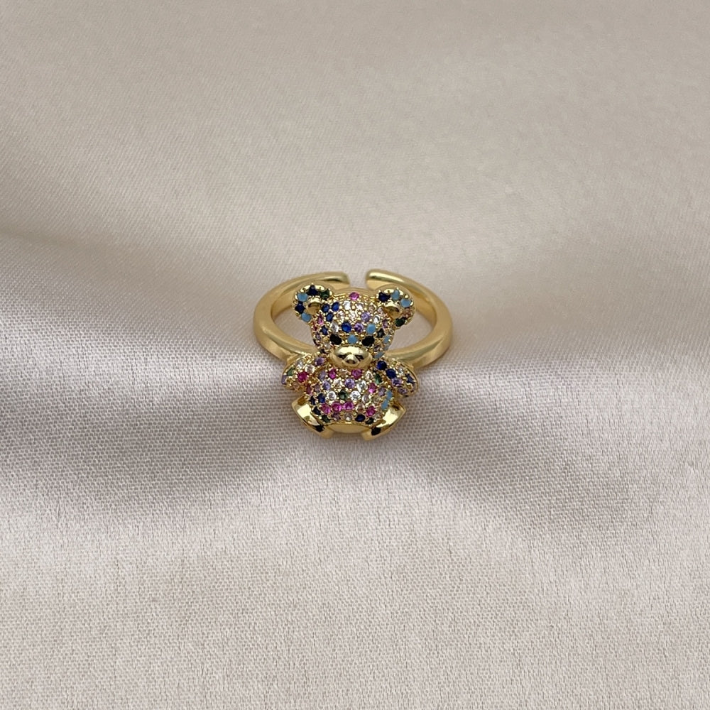 Oro Laminado Multi Stone Ring, Gold Filled Style Teddy Bear Design, with Multicolor Micro Pave, Polished, Golden Finish
