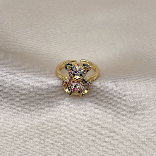 Oro Laminado Multi Stone Ring, Gold Filled Style Teddy Bear Design, with Multicolor Micro Pave, Polished, Golden Finish