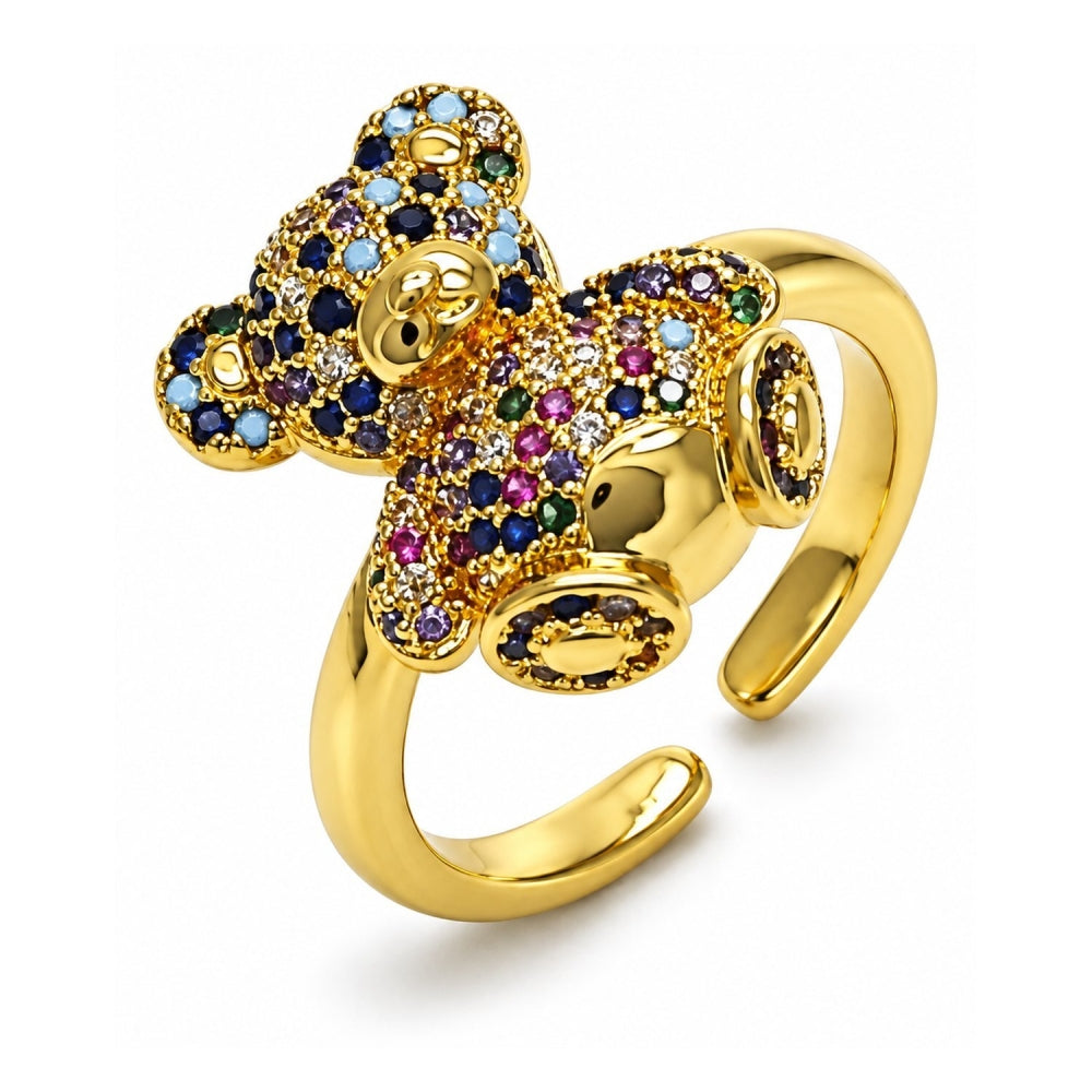 Oro Laminado Multi Stone Ring, Gold Filled Style Teddy Bear Design, with Multicolor Micro Pave, Polished, Golden Finish