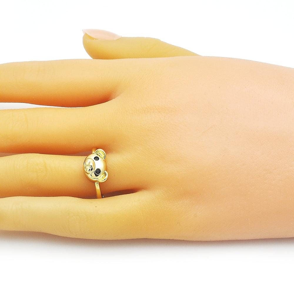 Oro Laminado Multi Stone Ring, Gold Filled Style Teddy Bear Design, with Black Cubic Zirconia, Polished, Golden Finish