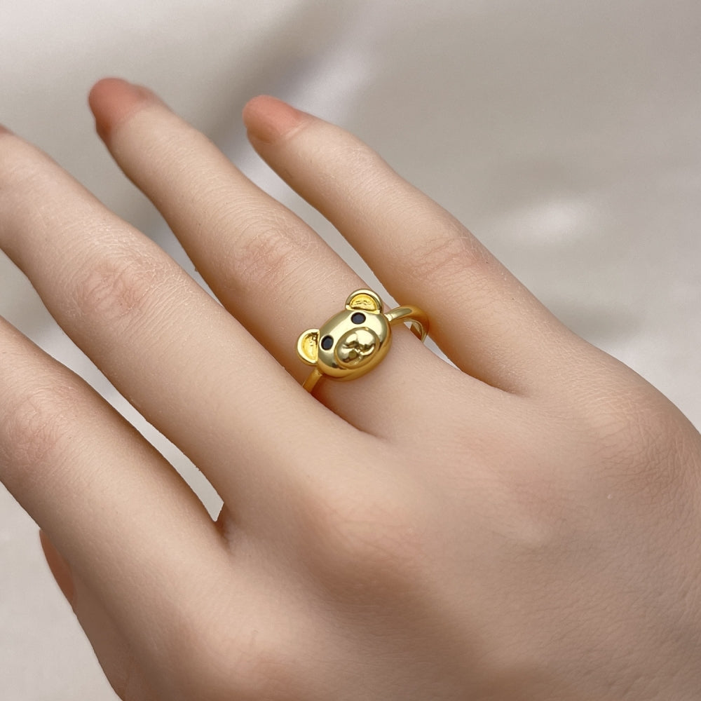 Oro Laminado Multi Stone Ring, Gold Filled Style Teddy Bear Design, with Black Cubic Zirconia, Polished, Golden Finish