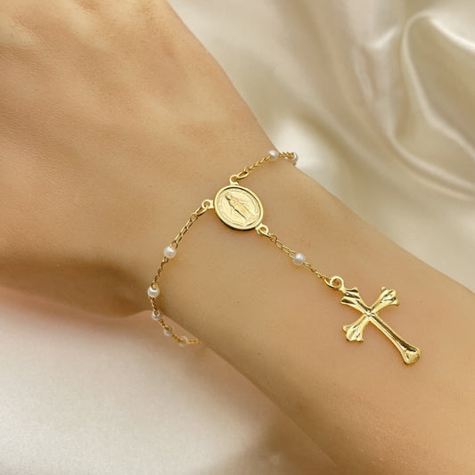Oro Laminado Bracelet Rosary, Gold Filled Style Cross and Altagracia Design, Polished, Golden Finish