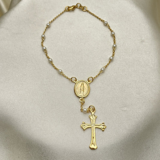 Oro Laminado Bracelet Rosary, Gold Filled Style Cross and Altagracia Design, Polished, Golden Finish