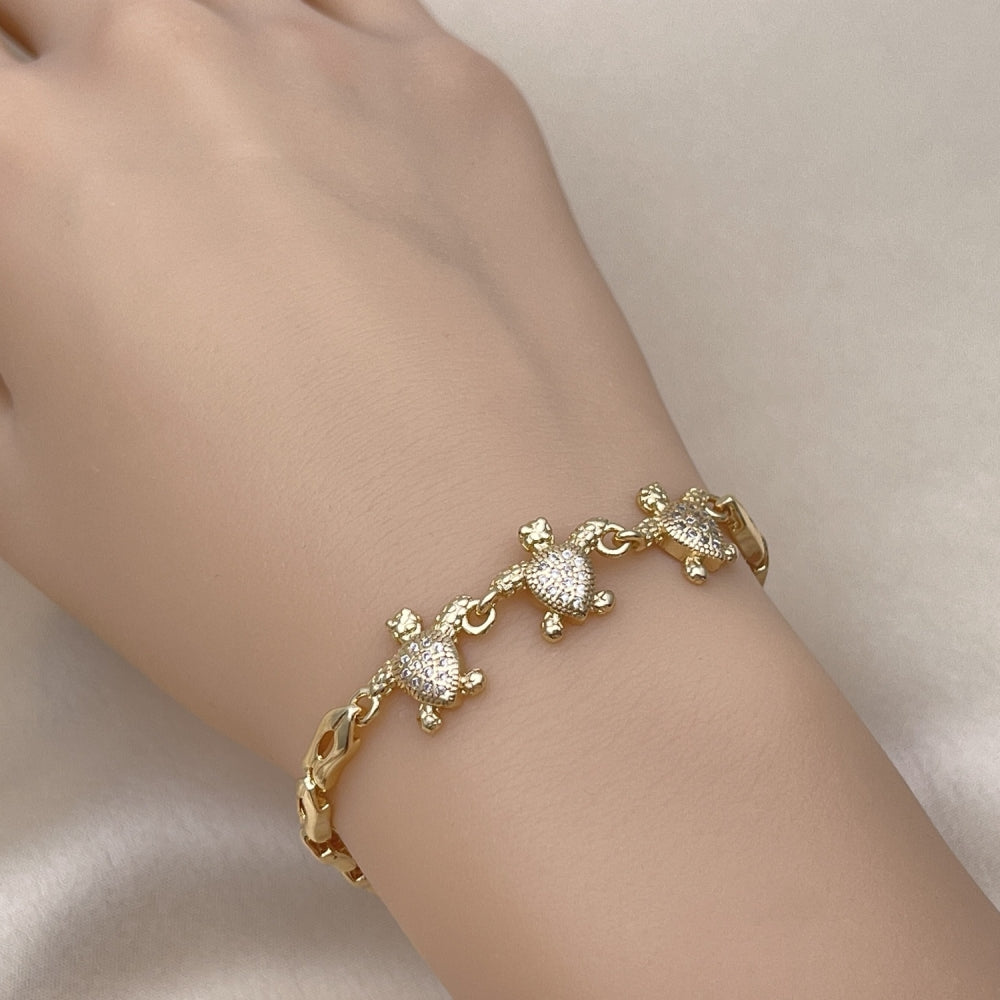 Oro Laminado Fancy Bracelet, Gold Filled Style Turtle Design, with White Micro Pave, Polished, Golden Finish