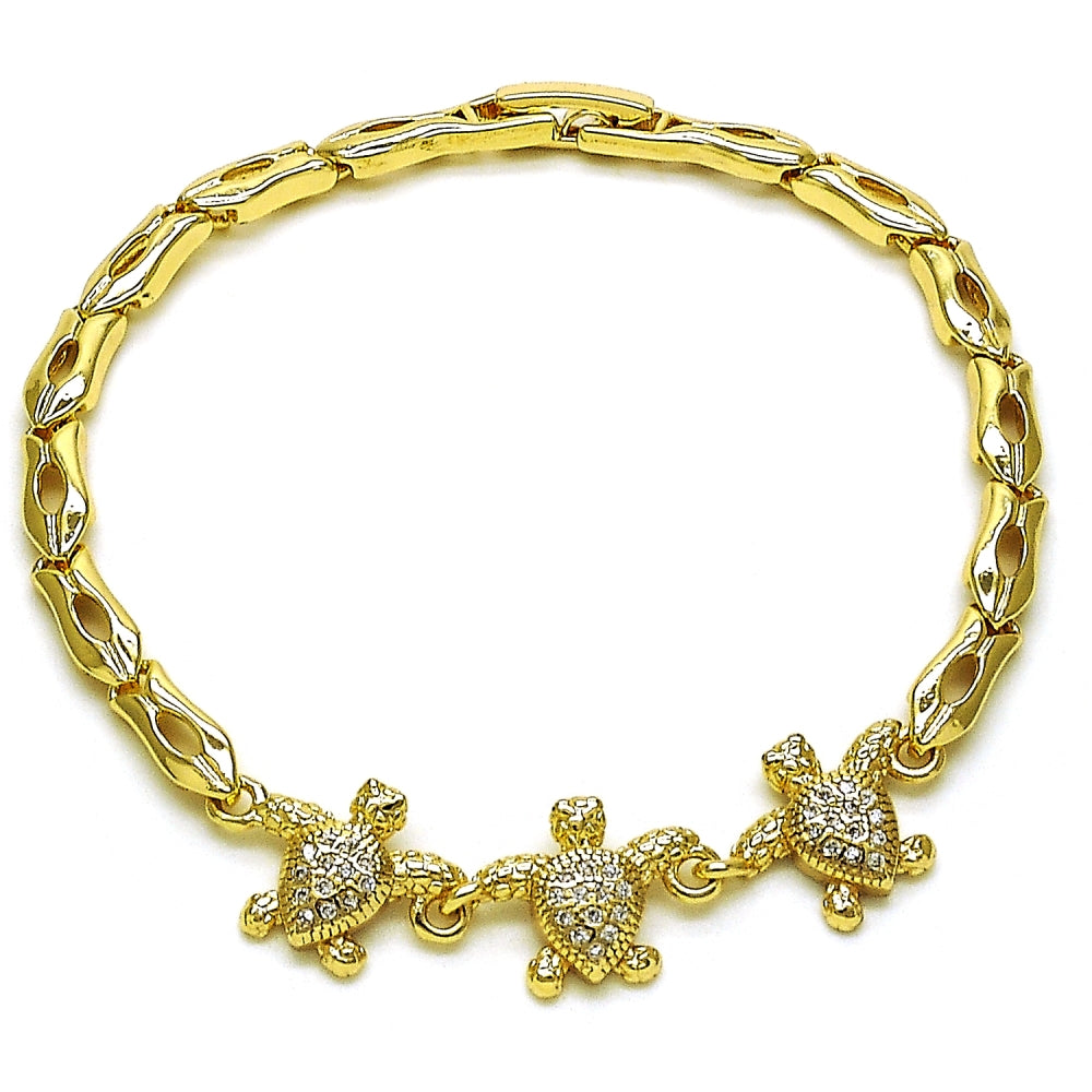 Oro Laminado Fancy Bracelet, Gold Filled Style Turtle Design, with White Micro Pave, Polished, Golden Finish