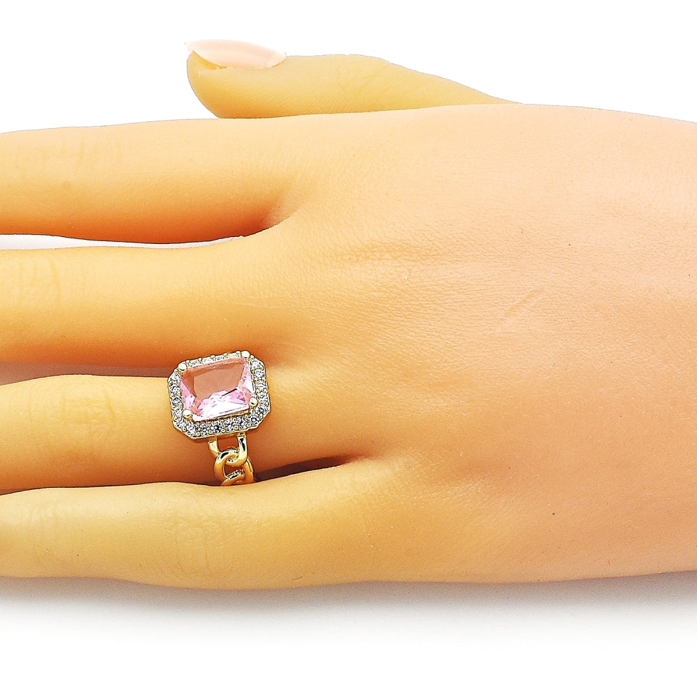 Oro Laminado Multi Stone Ring, Gold Filled Style Curb Design, with Pink Cubic Zirconia and White Micro Pave, Polished, Golden Finish