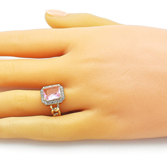 Oro Laminado Multi Stone Ring, Gold Filled Style Curb Design, with Pink Cubic Zirconia and White Micro Pave, Polished, Golden Finish