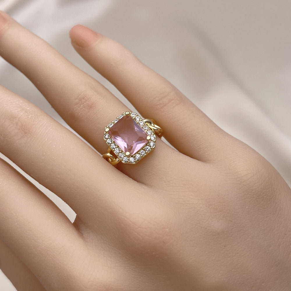 Oro Laminado Multi Stone Ring, Gold Filled Style Curb Design, with Pink Cubic Zirconia and White Micro Pave, Polished, Golden Finish