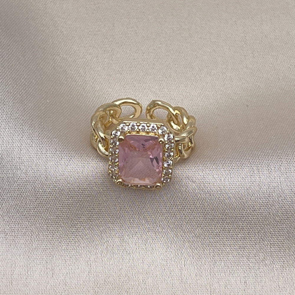 Oro Laminado Multi Stone Ring, Gold Filled Style Curb Design, with Pink Cubic Zirconia and White Micro Pave, Polished, Golden Finish
