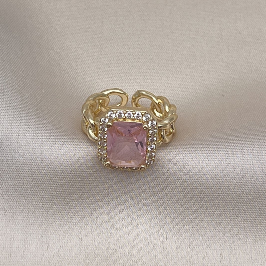 Oro Laminado Multi Stone Ring, Gold Filled Style Curb Design, with Pink Cubic Zirconia and White Micro Pave, Polished, Golden Finish