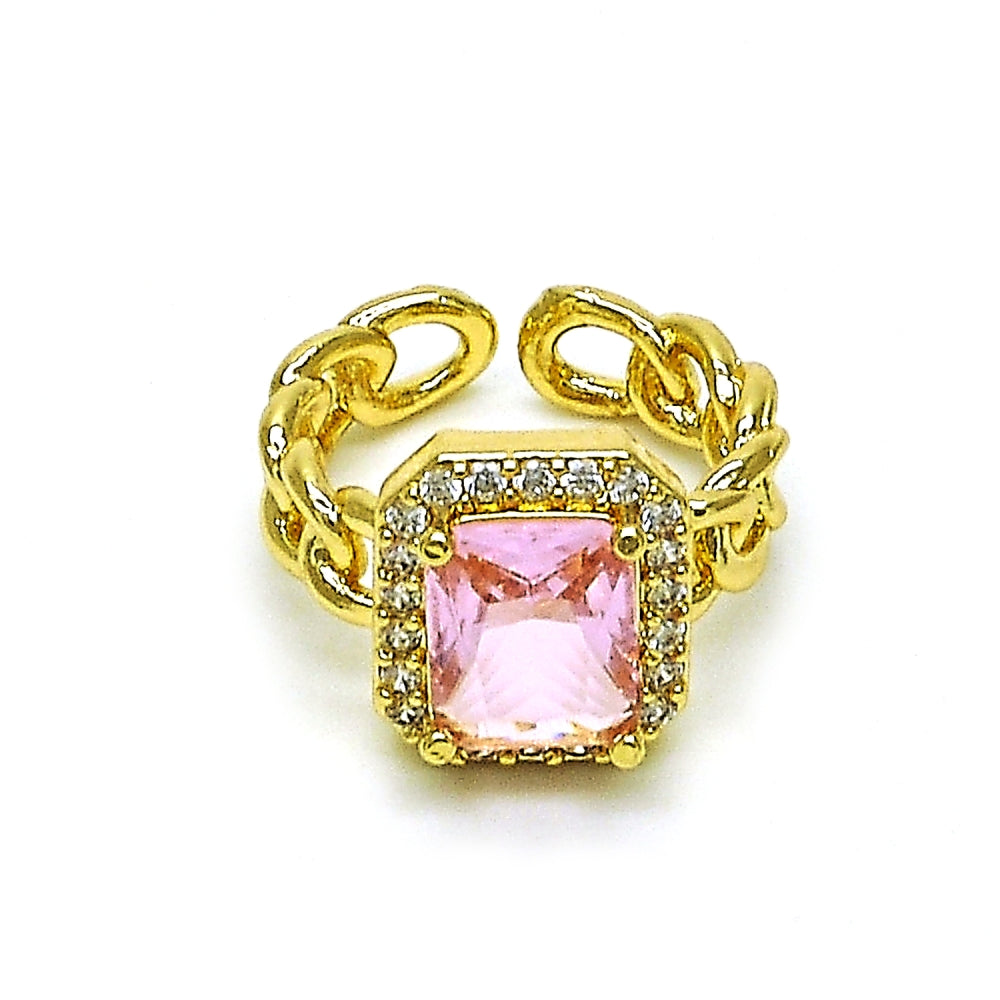Oro Laminado Multi Stone Ring, Gold Filled Style Curb Design, with Pink Cubic Zirconia and White Micro Pave, Polished, Golden Finish