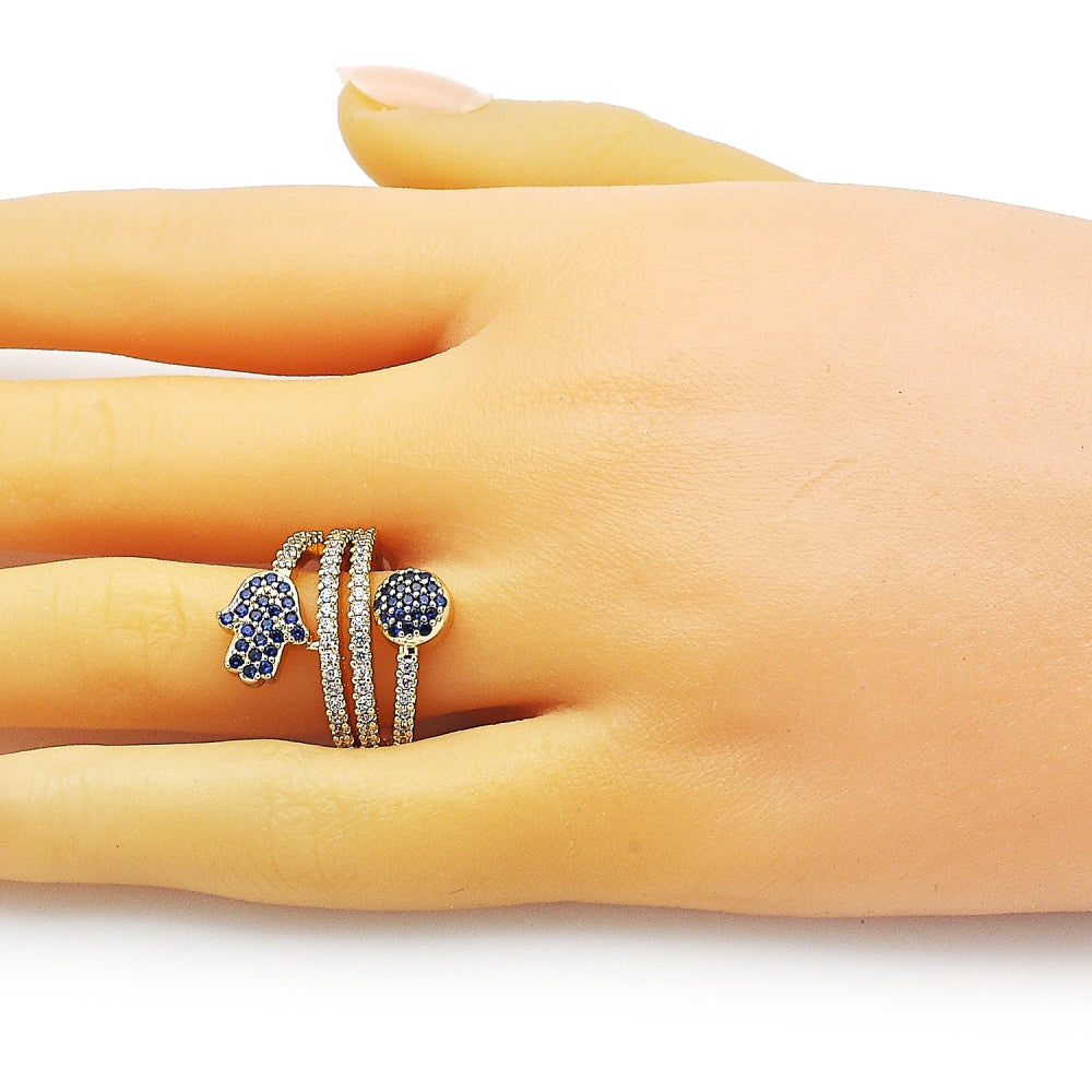 Oro Laminado Multi Stone Ring, Gold Filled Style Hand of God Design, with Sapphire Blue and White Micro Pave, Polished, Golden Finish