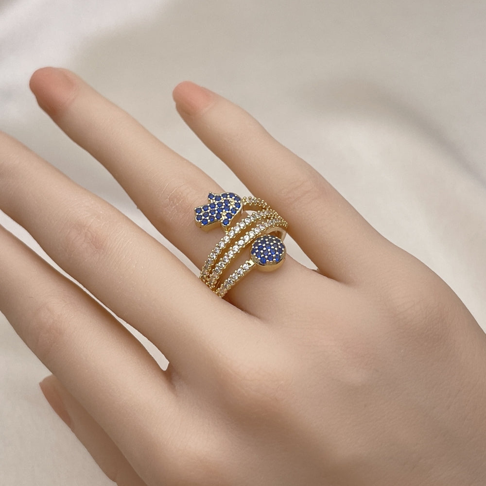 Oro Laminado Multi Stone Ring, Gold Filled Style Hand of God Design, with Sapphire Blue and White Micro Pave, Polished, Golden Finish
