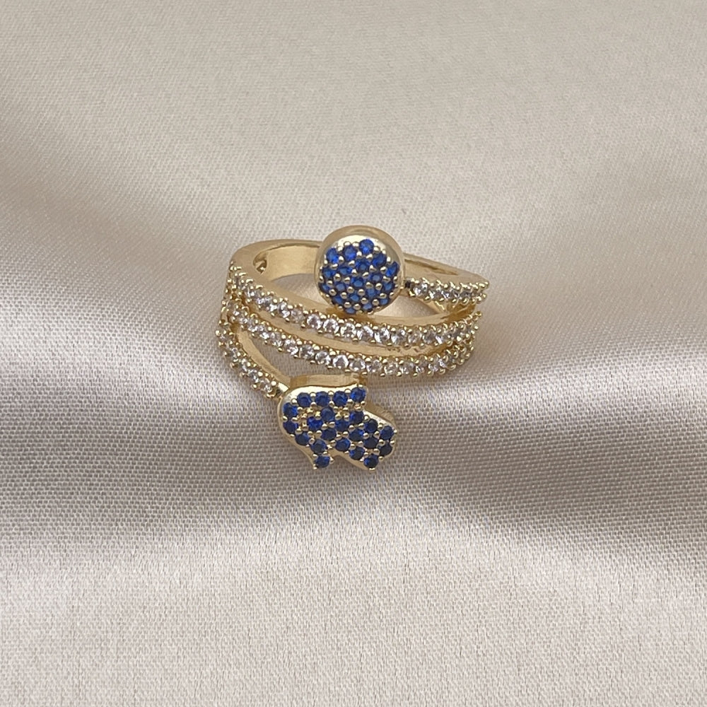 Oro Laminado Multi Stone Ring, Gold Filled Style Hand of God Design, with Sapphire Blue and White Micro Pave, Polished, Golden Finish