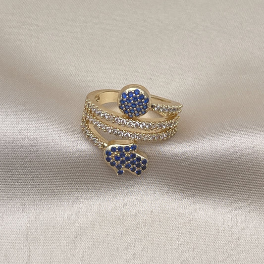 Oro Laminado Multi Stone Ring, Gold Filled Style Hand of God Design, with Sapphire Blue and White Micro Pave, Polished, Golden Finish