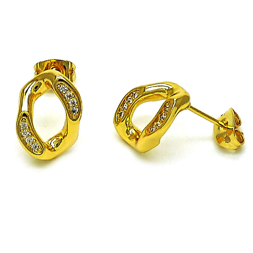Oro Laminado Stud Earring, Gold Filled Style Twist Design, with White Micro Pave, Polished, Golden Finish