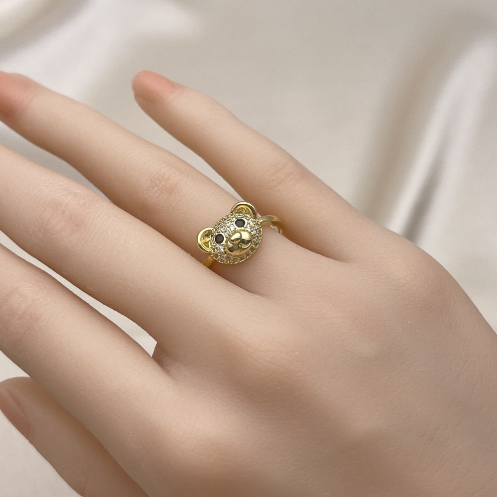Oro Laminado Multi Stone Ring, Gold Filled Style Teddy Bear Design, with White Micro Pave and Black Cubic Zirconia, Polished, Golden Finish