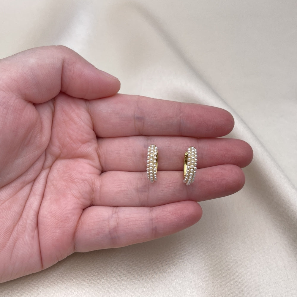Oro Laminado Huggie Hoop, Gold Filled Style with Ivory Pearl, Polished, Golden Finish