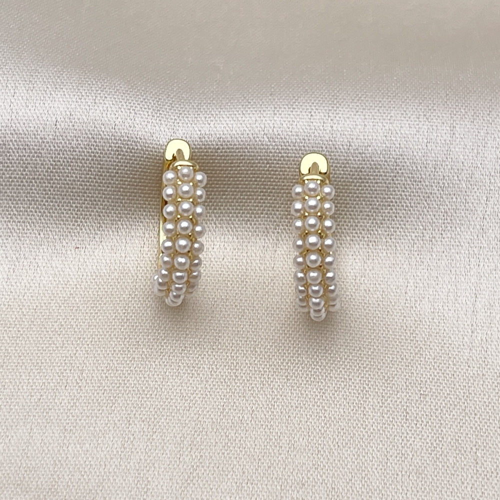 Oro Laminado Huggie Hoop, Gold Filled Style with Ivory Pearl, Polished, Golden Finish