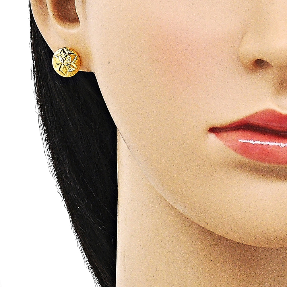 Oro Laminado Stud Earring, Gold Filled Style Star and Flower Design, Diamond Cutting Finish, Golden Finish