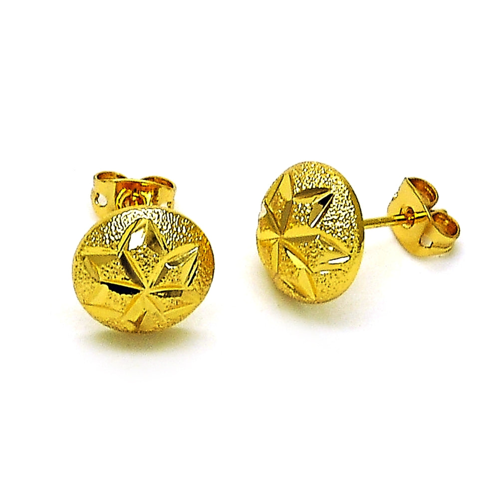 Oro Laminado Stud Earring, Gold Filled Style Star and Flower Design, Diamond Cutting Finish, Golden Finish